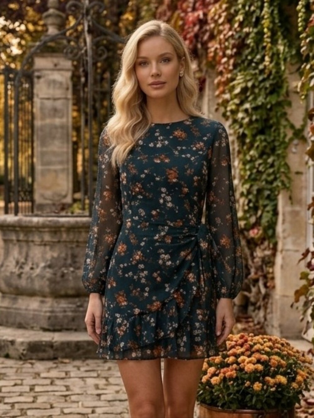 Princess Polly Meral Floral Mini Dress Teal Green Long Sleeve Wrap Skirt US 6